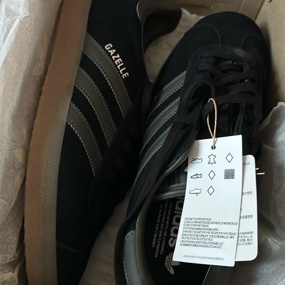 Adidas Gazelles. Black w/ Grey stripes. Women’s size 9, Men’s size 8